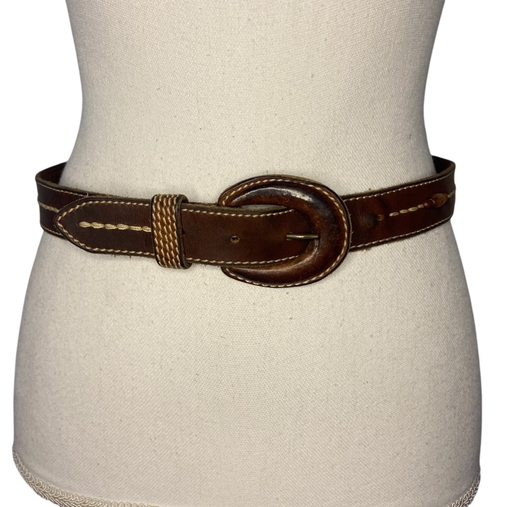 Vintage Fossil Leather Brown Belt Buckle Wooden Bead Stitch Detail Medium Boho